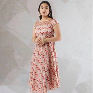 Chic Cream and Red Printed Silk Dress for Women | Muvvas Boutique